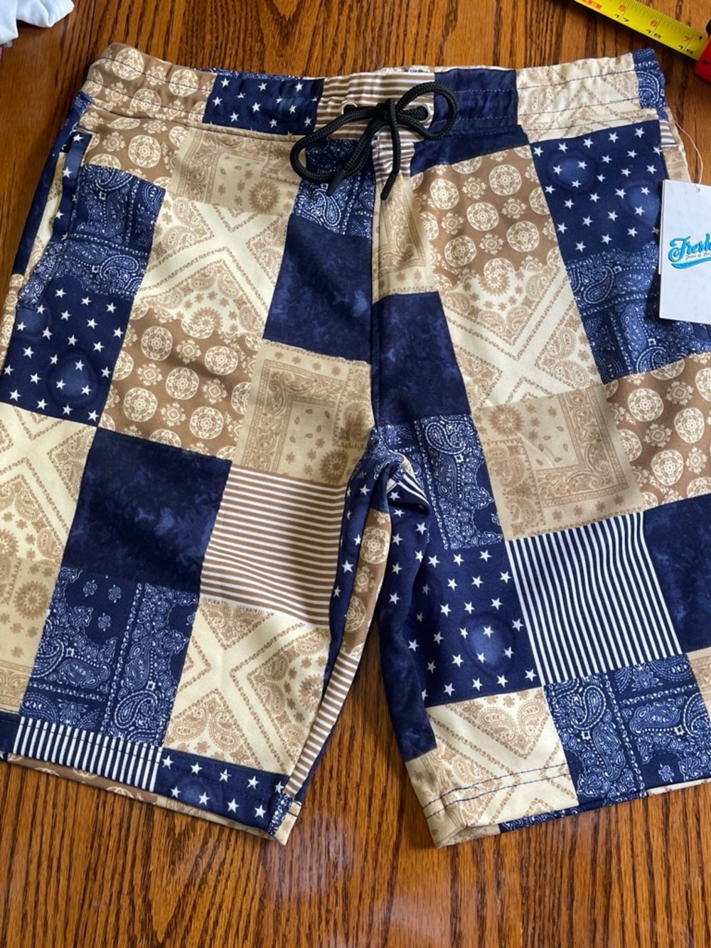NWT msrp $52 Men's Patchwork Bandana Print Shorts - Navy & Tan